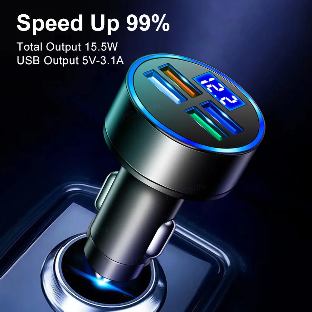 Black multi-port car charger with four USB ports and one cigarette lighter socket.