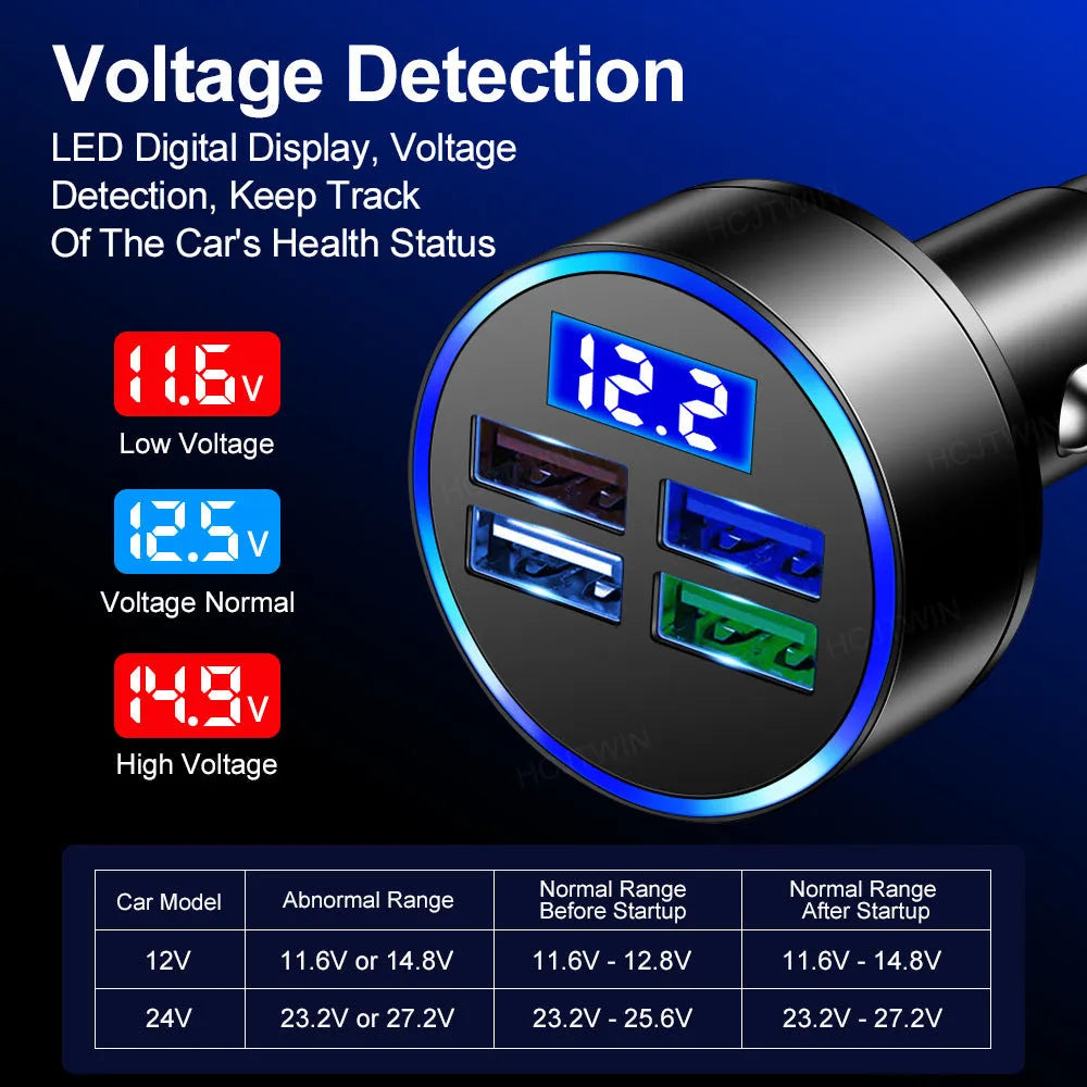 Black multi-port car charger with four USB ports and one cigarette lighter socket.