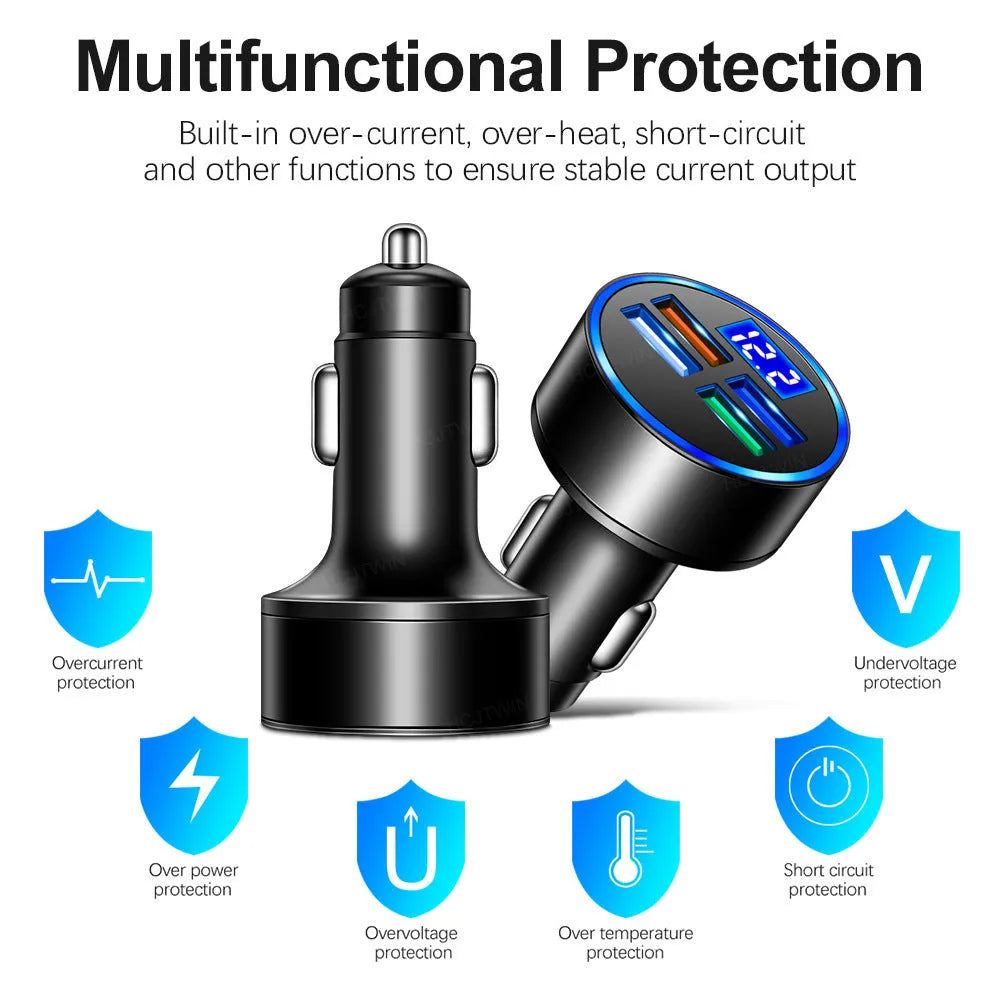 Black multi-port car charger with four USB ports and one cigarette lighter socket.