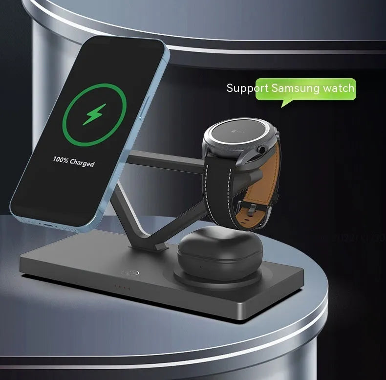 White five-in-one wireless charging station with night lamp, magnetic phone bracket, circular base, and watch charger.