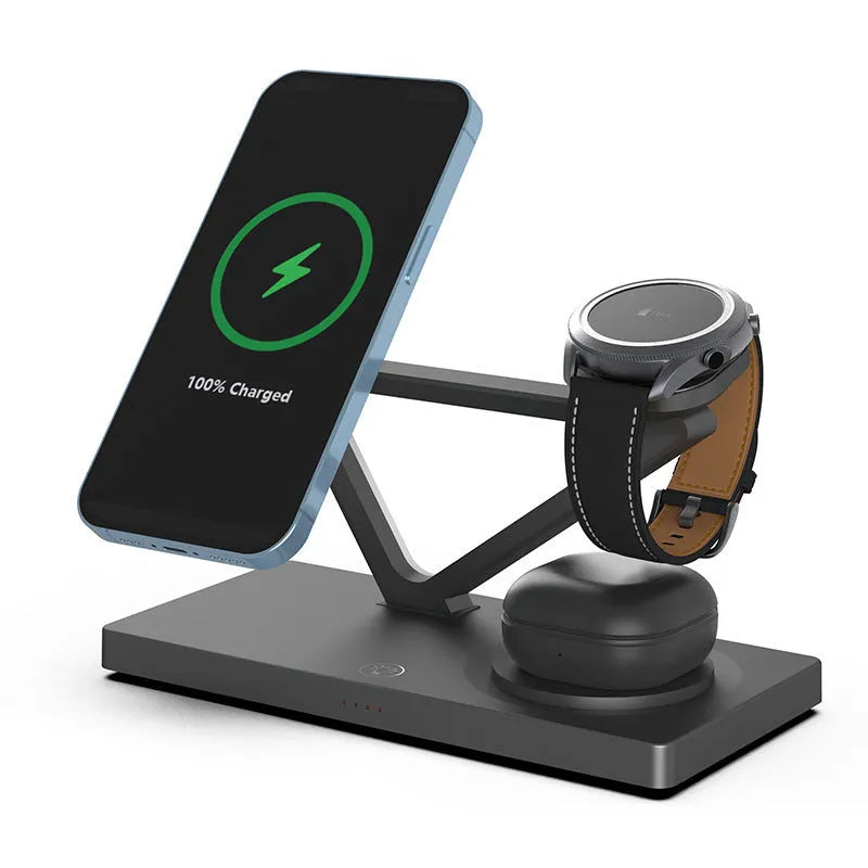 White five-in-one wireless charging station with night lamp, magnetic phone bracket, circular base, and watch charger.