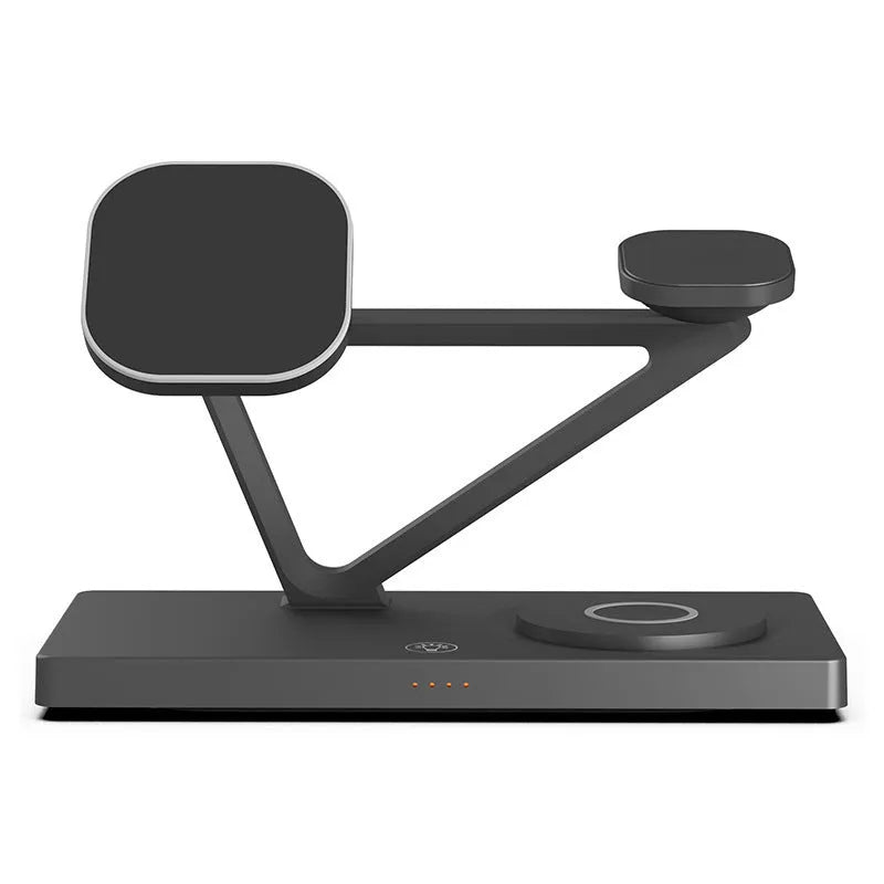 White five-in-one wireless charging station with night lamp, magnetic phone bracket, circular base, and watch charger.