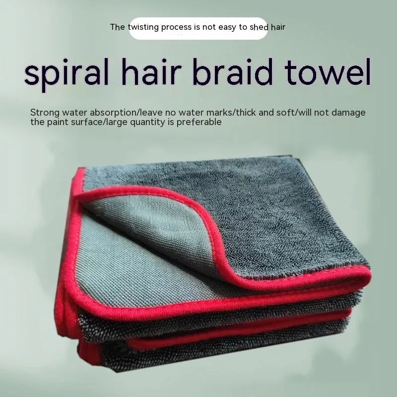 Grey car wash towel with spiral hair texture and contrasting border trim in multiple size options
