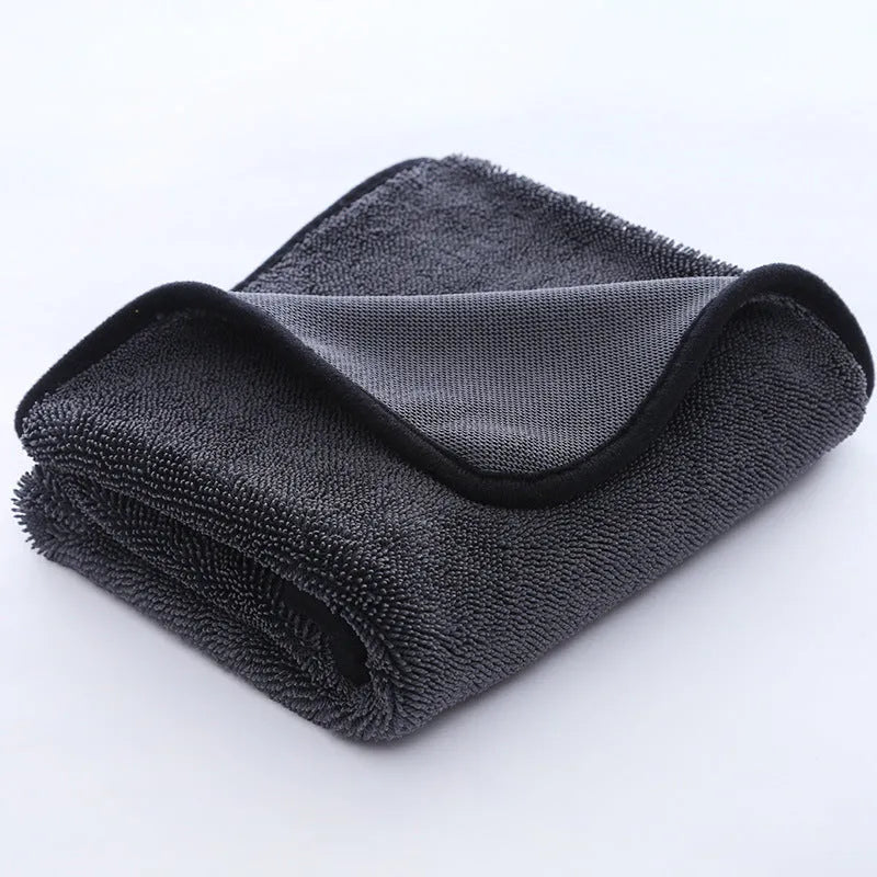 Grey car wash towel with spiral hair texture and contrasting border trim in multiple size options