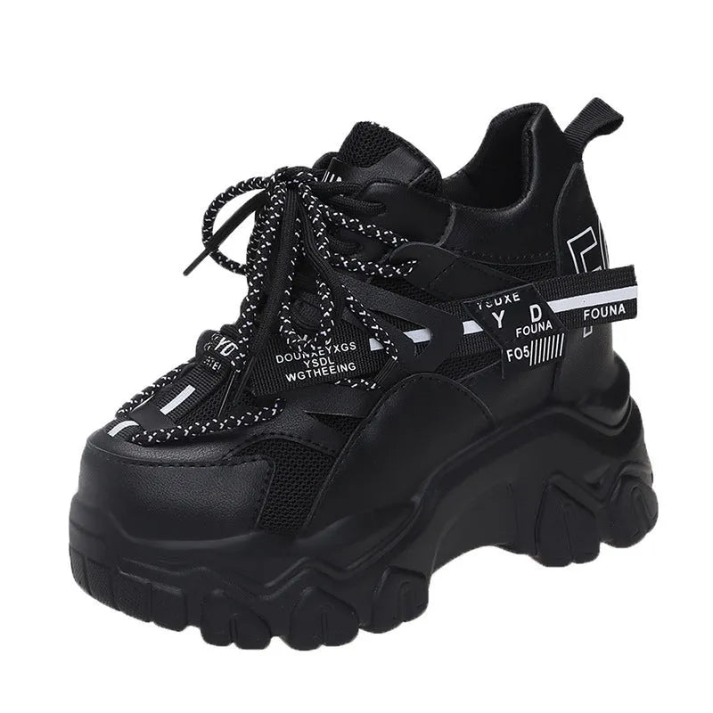 Women's white breathable mesh platform sports shoes with cross strap and rubber sole.