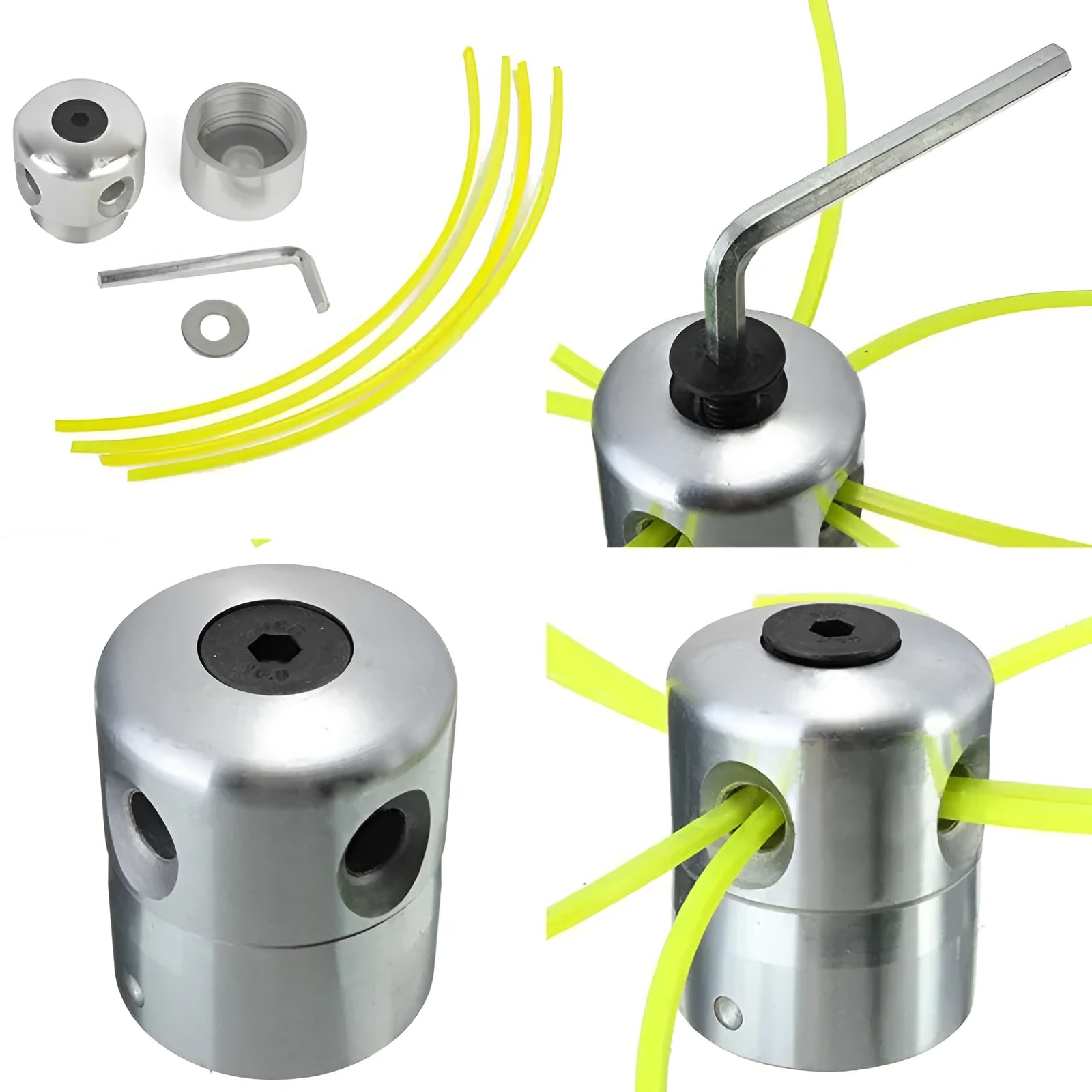 Silver aluminium grass trimmer head with four light yellow square strings for lawn mower accessories