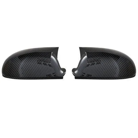 Pair of horn bright black plastic mirror housings for Volkswagen Sagitar with carbon fibre accents.