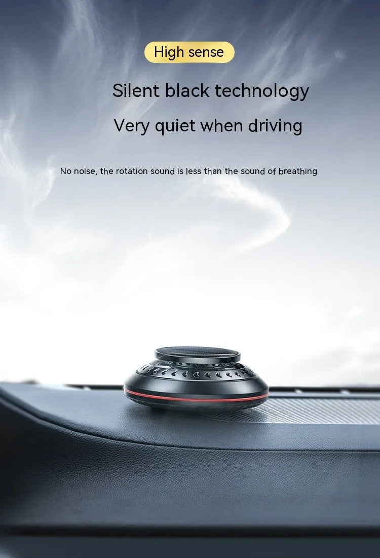 Solar-powered aluminium alloy car air freshener and purifier unit on a dashboard