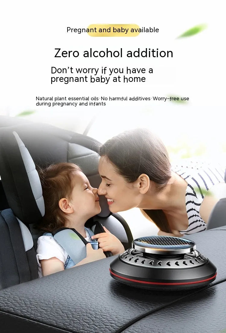Solar-powered aluminium alloy car air freshener and purifier unit on a dashboard
