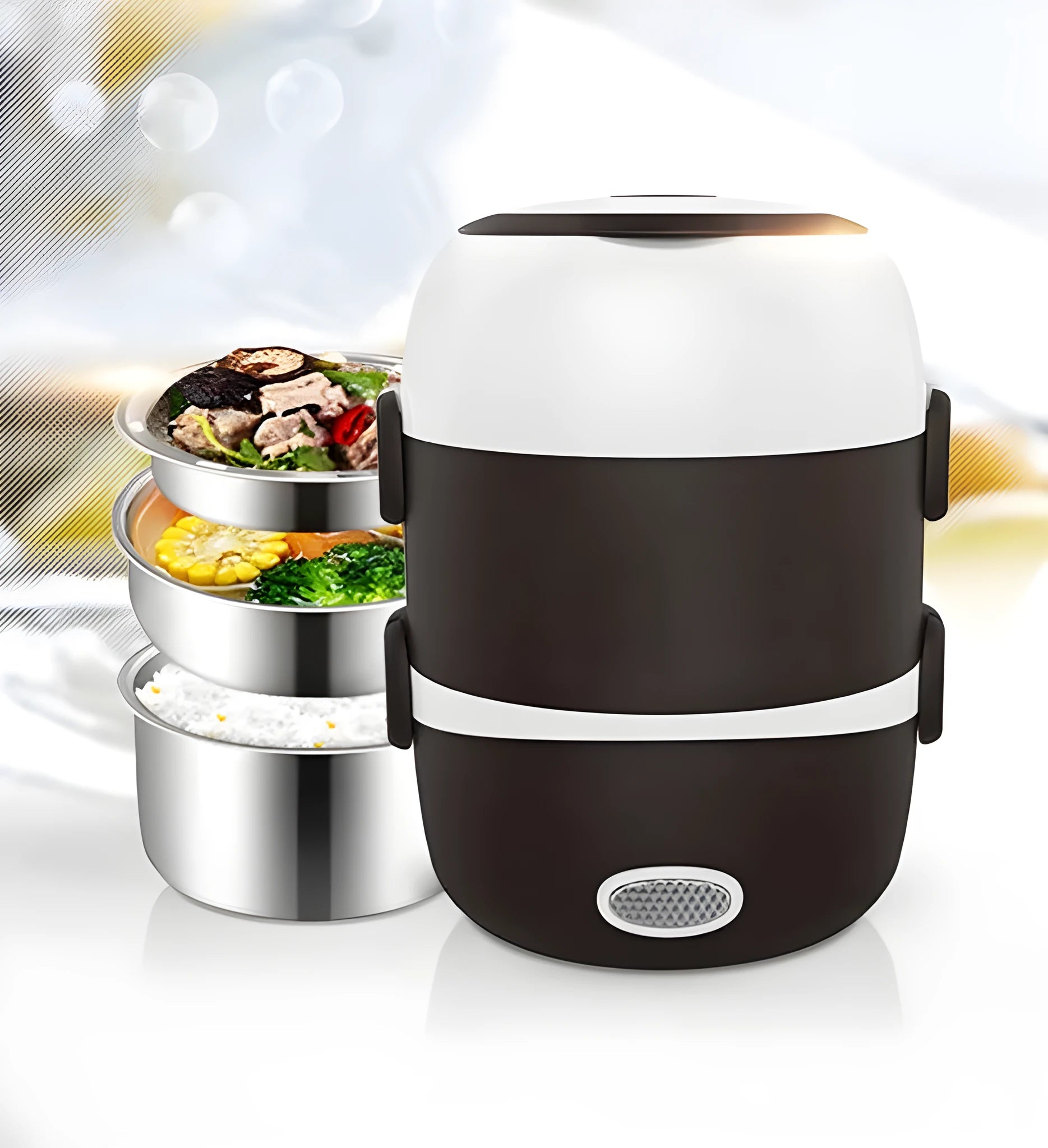 USB-powered electric lunch box showing two-layer and three-layer food container options