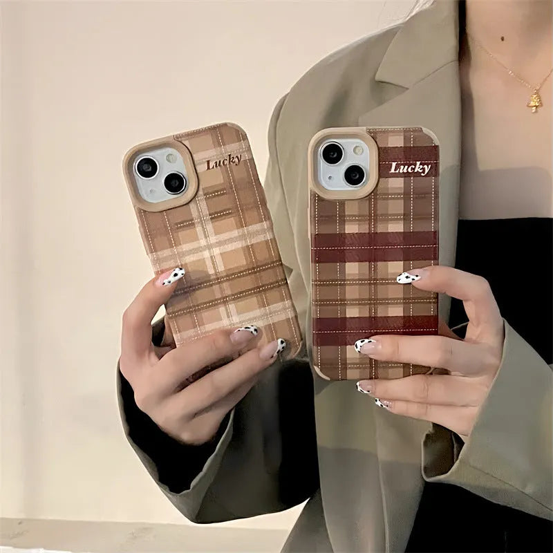 Light Coffee Plaid Lucky silicone phone case for iPhone 14 with embossed letter pattern and all-inclusive coverage