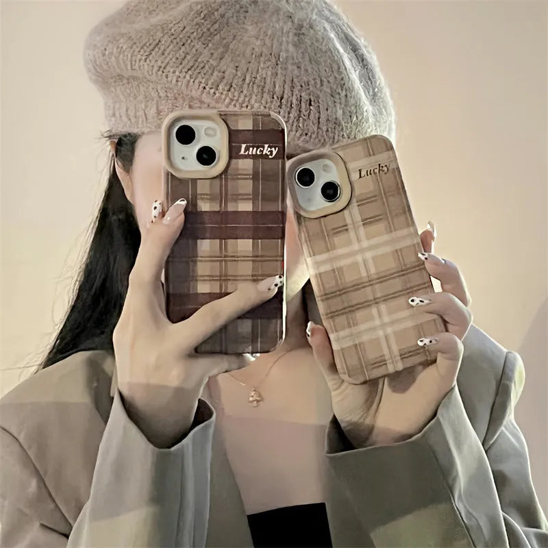Light Coffee Plaid Lucky silicone phone case for iPhone 14 with embossed letter pattern and all-inclusive coverage