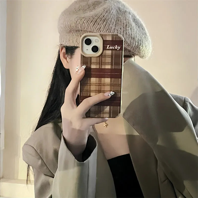 Light Coffee Plaid Lucky silicone phone case for iPhone 14 with embossed letter pattern and all-inclusive coverage