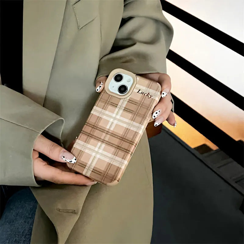 Light Coffee Plaid Lucky silicone phone case for iPhone 14 with embossed letter pattern and all-inclusive coverage