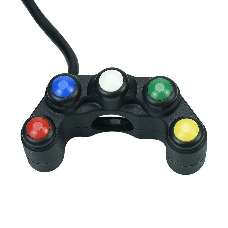Five-position vehicle rotary switch with red, yellow, blue, green, white buttons for accessory control