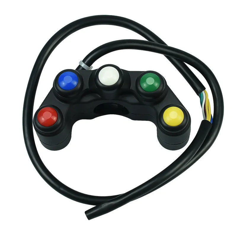 Five-position vehicle rotary switch with red, yellow, blue, green, white buttons for accessory control