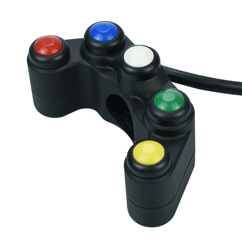 Five-position vehicle rotary switch with red, yellow, blue, green, white buttons for accessory control