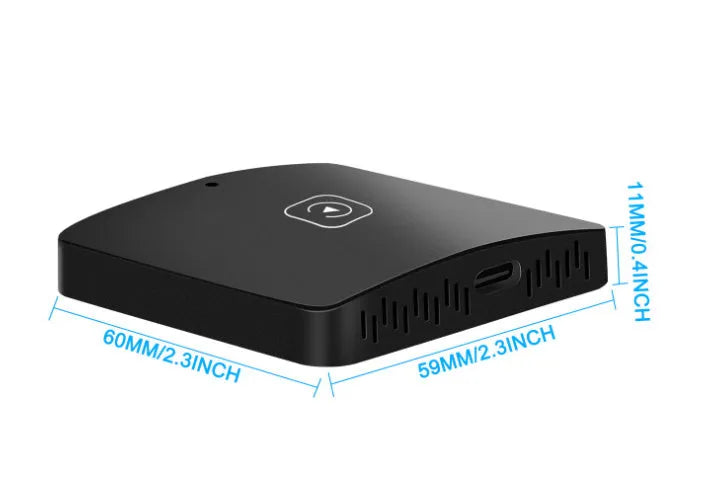 Black wireless CarPlay external module with cables for converting wired CarPlay to wireless functionality