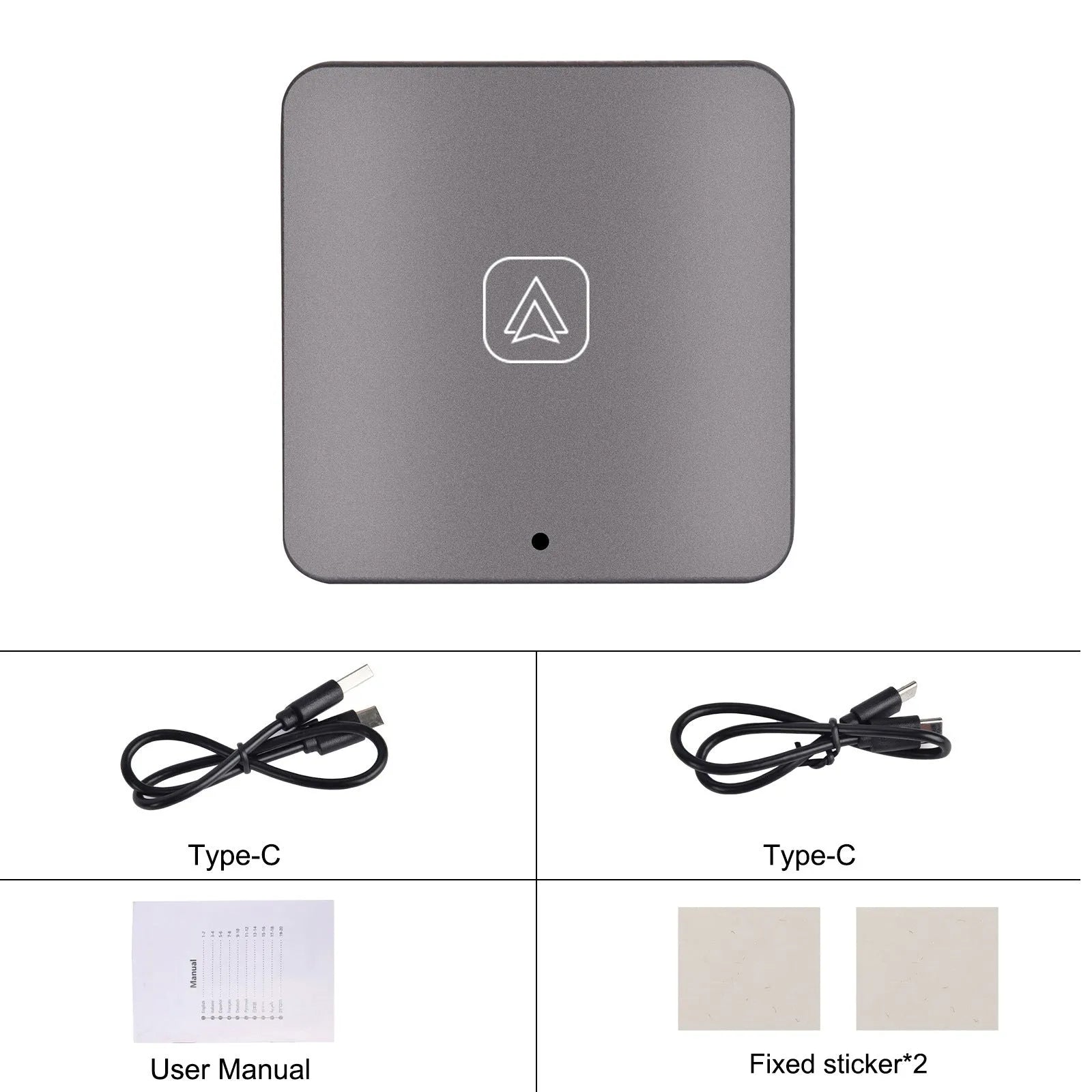Black wireless CarPlay external module with cables for converting wired CarPlay to wireless functionality