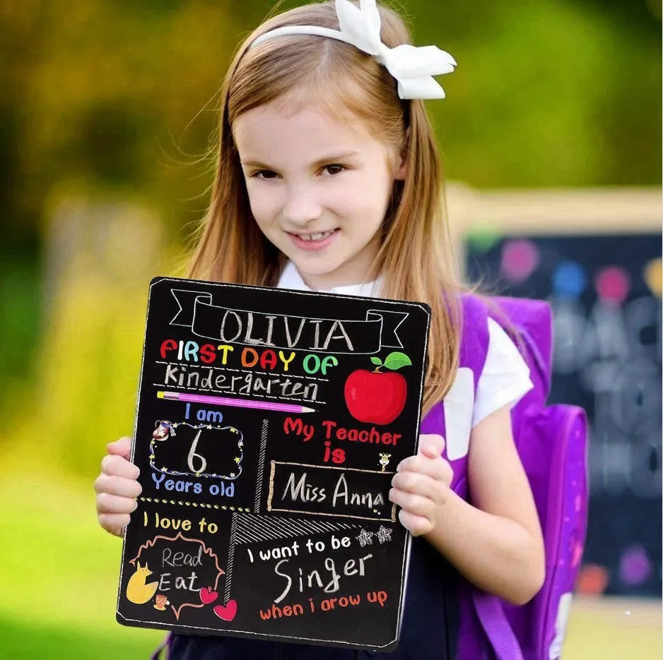 Wooden first day of school blackboard ornament with density plate construction