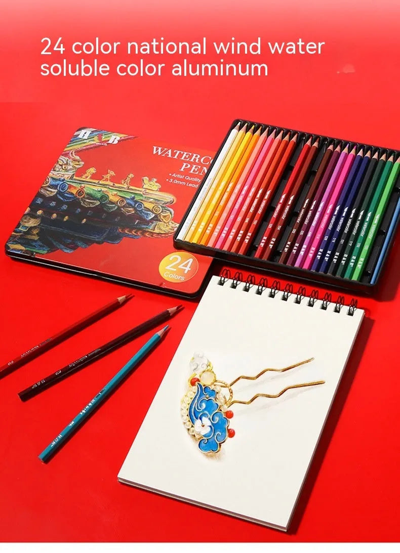 Open iron box showing 24 water-soluble coloured pencils and a brush for art projects