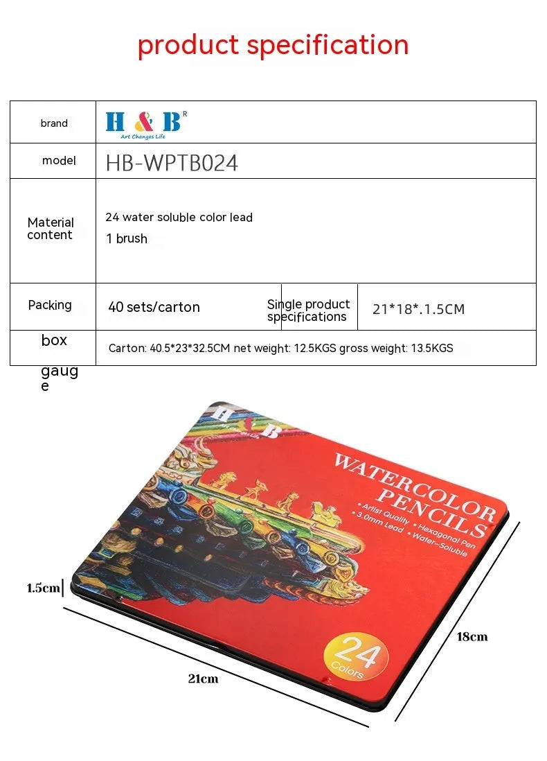 Open iron box showing 24 water-soluble coloured pencils and a brush for art projects