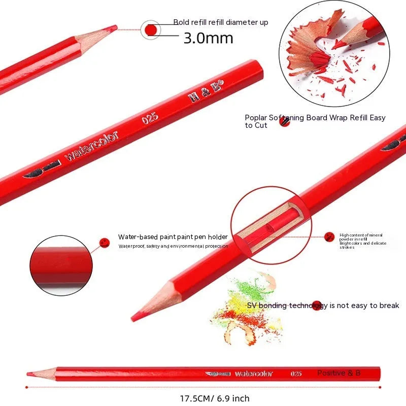 Open iron box showing 24 water-soluble coloured pencils and a brush for art projects