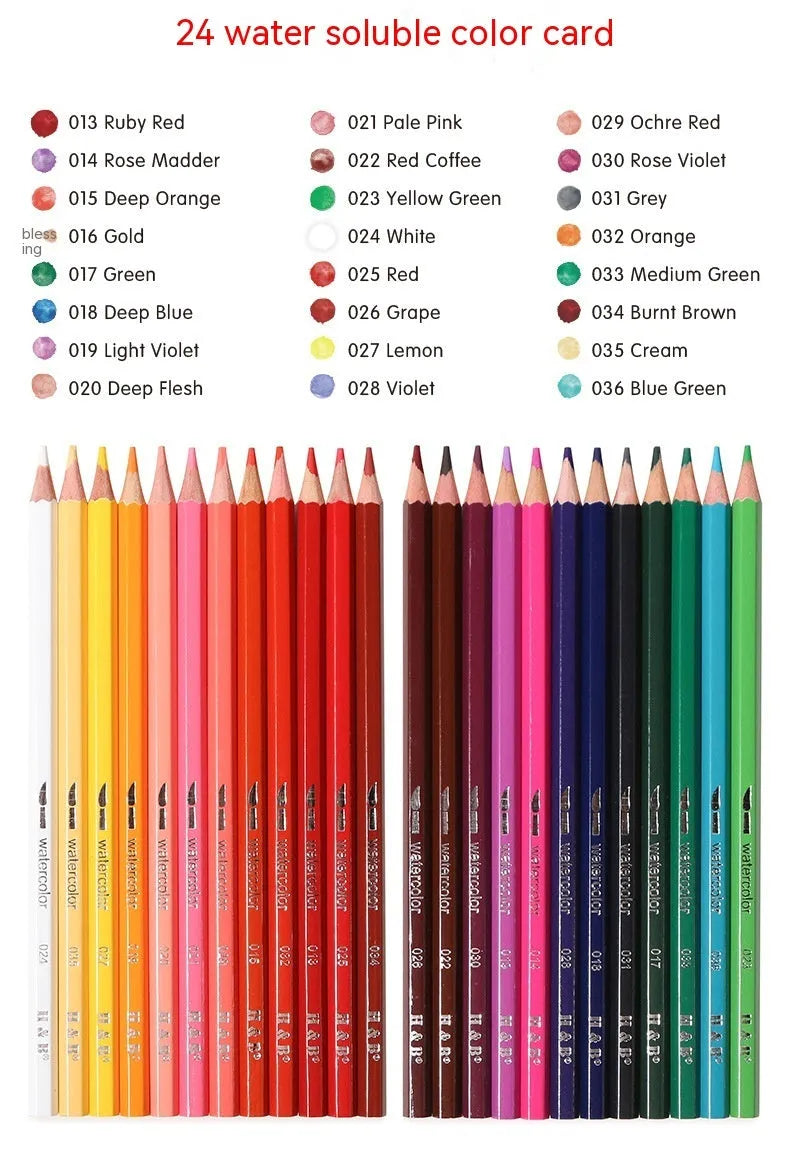 Open iron box showing 24 water-soluble coloured pencils and a brush for art projects