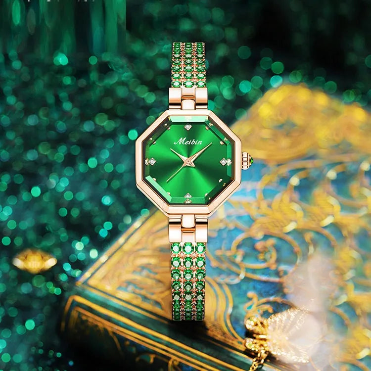 Octagonal women's watch with rose stone detailing, alloy jewellery buckle, 27mm dial, quartz movement