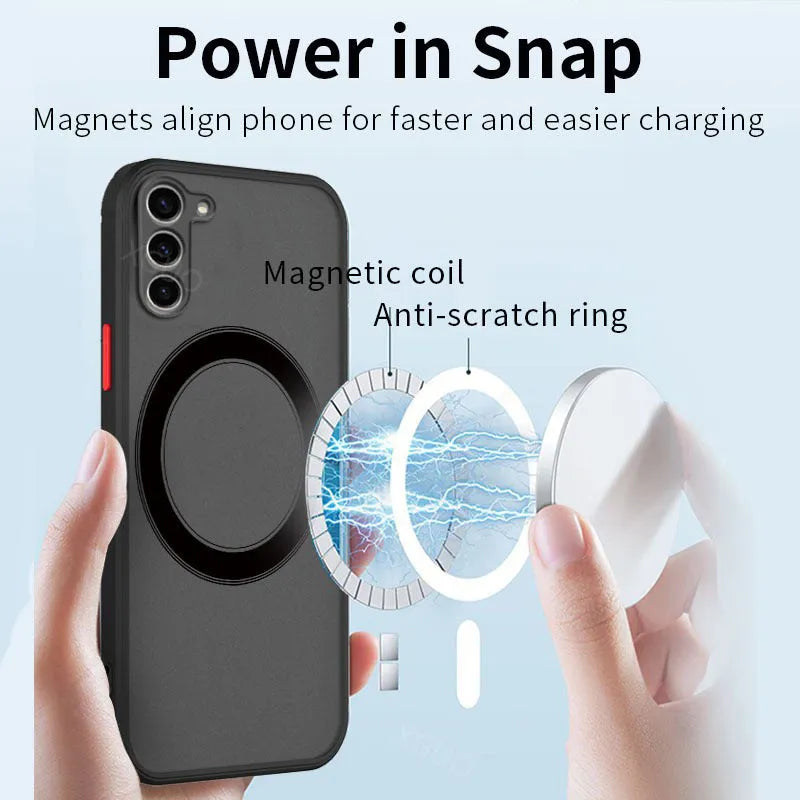 Samsung magnetic suction frosted phone case in black with TPU edge and PC hard back