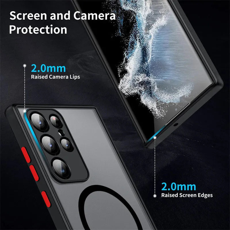 Samsung magnetic suction frosted phone case in black with TPU edge and PC hard back