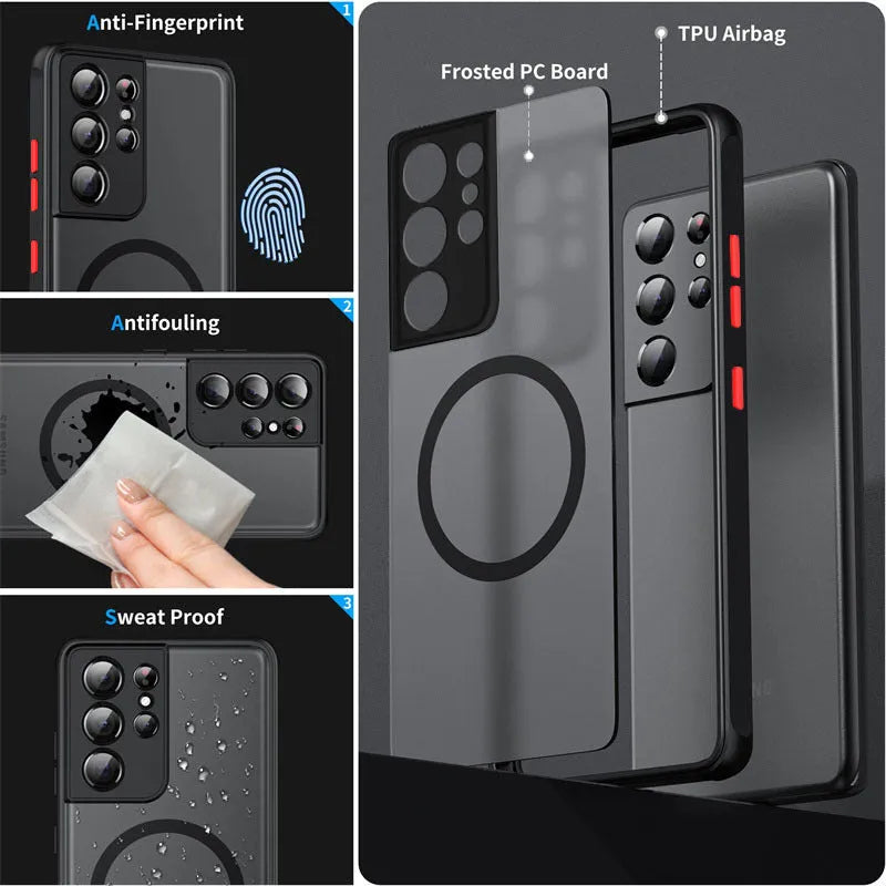 Samsung magnetic suction frosted phone case in black with TPU edge and PC hard back