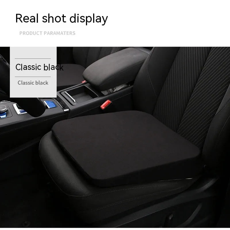 Black car seat cushion for heightening and comfort, shown on a vehicle seat.