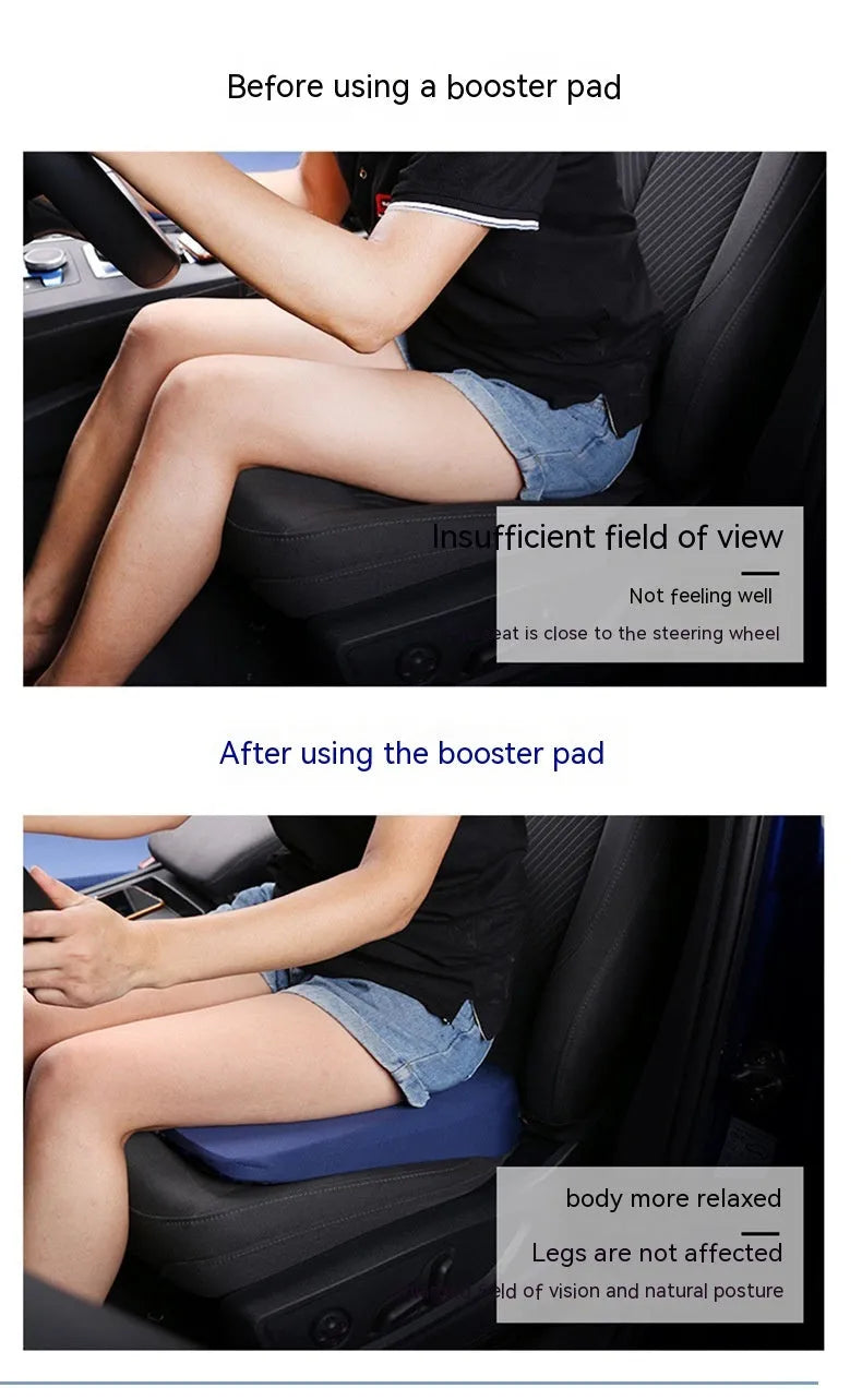 Black car seat cushion for heightening and comfort, shown on a vehicle seat.