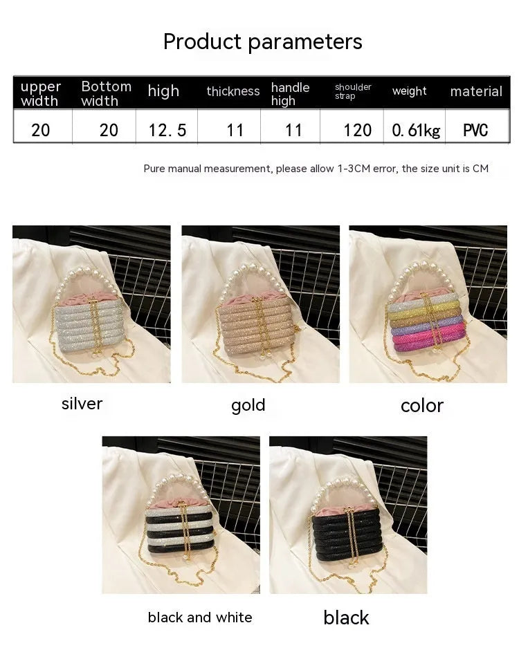 Retro style women's crossbody handbag with pearl beads in soft PU leather, shown in round shape.