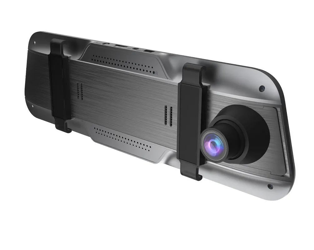 Black rearview mirror driving recorder with large touchscreen display mounted in a car