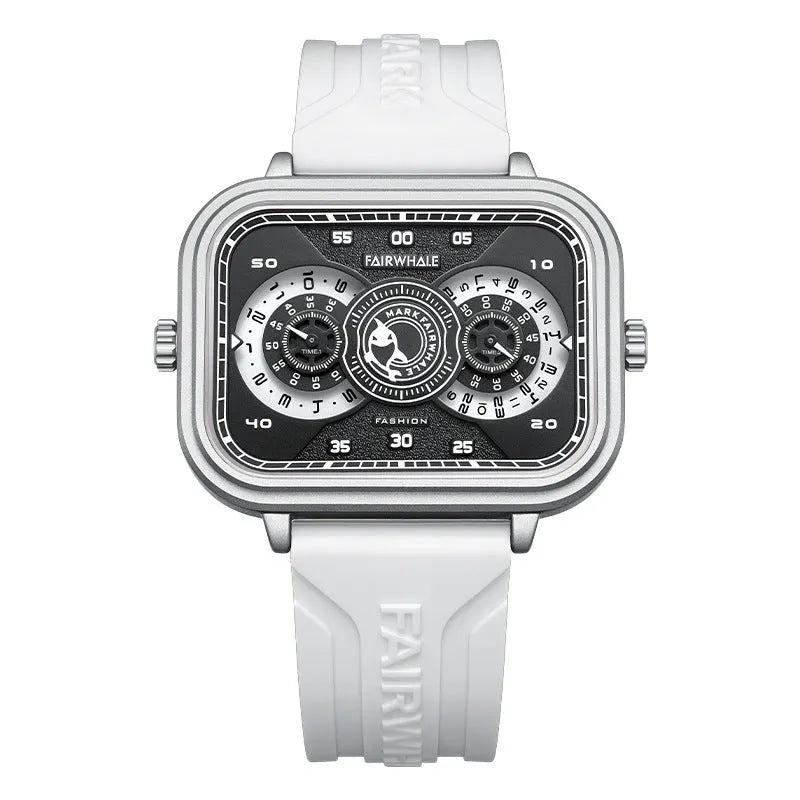 Men's multi-functional quartz watch with luminous display, alloy case, and silicone strap on a white background