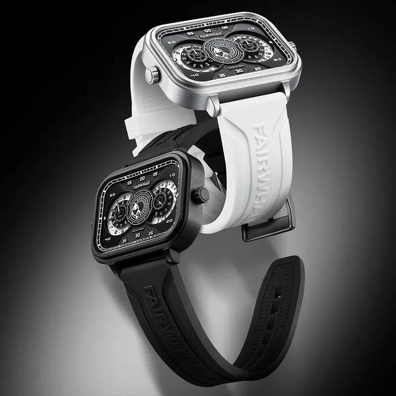 Men's multi-functional quartz watch with luminous display, alloy case, and silicone strap on a white background