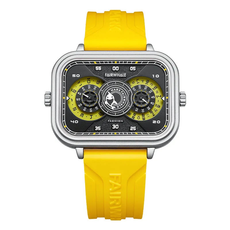 Men's multi-functional quartz watch with luminous display, alloy case, and silicone strap on a white background