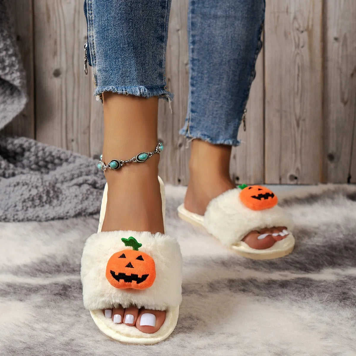 Yellow and white Halloween pumpkin plush open toe slippers with synthetic fur upper and PVC sole