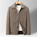 Men's slim lapel woolen jacket in gray with non-ironing finish and side patch pockets on a plain background