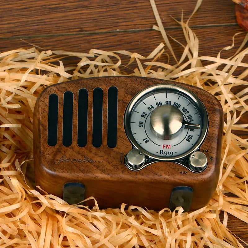 Retro wooden wireless mini speaker in cherry wood or walnut finish with Bluetooth connectivity