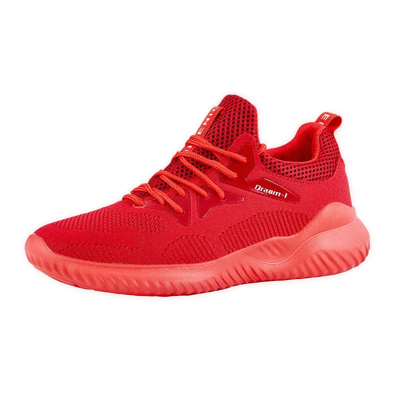 Men's low-top breathable running shoes in red with mesh upper and white MD sole on a plain background.