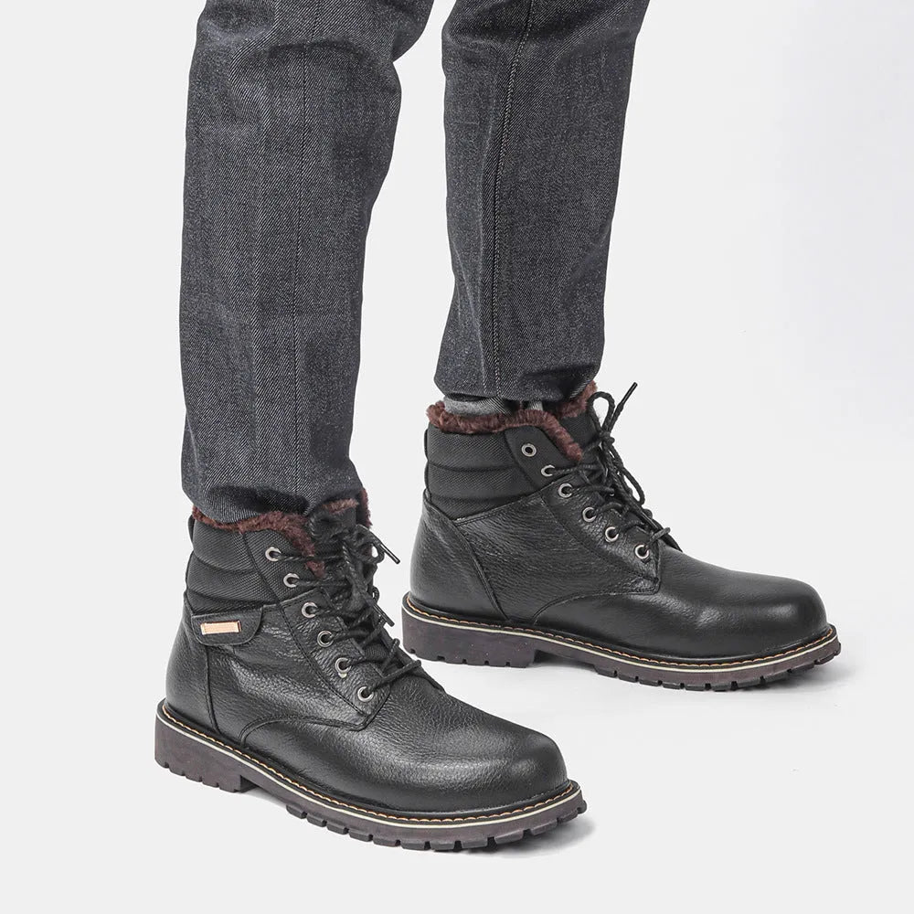 Plus size men's real leather snow boots with fleece lining, knee-high, rubber sole, black, sizes 39-47