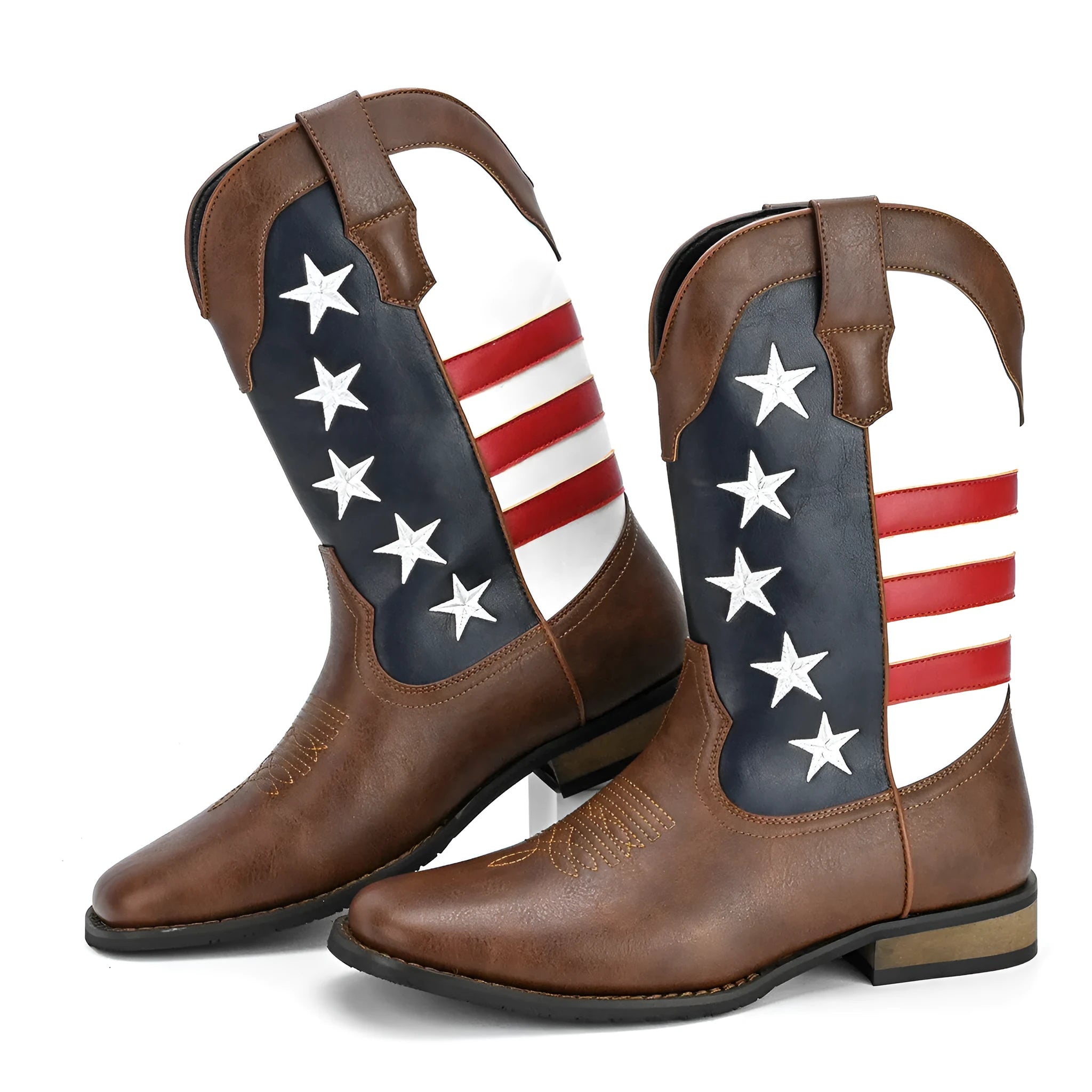 Men's black cowboy boots with a five-pointed star design and low square heel.