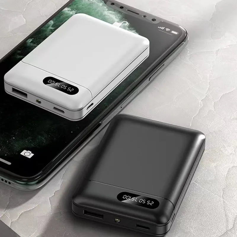 White and black portable power bank with multiple capacity options and USB charging ports