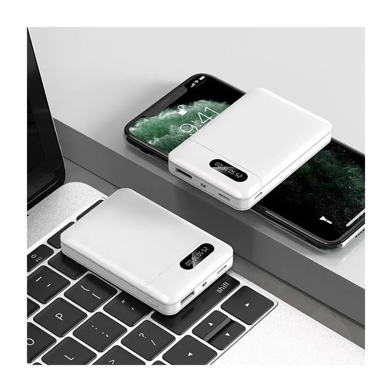 White and black portable power bank with multiple capacity options and USB charging ports