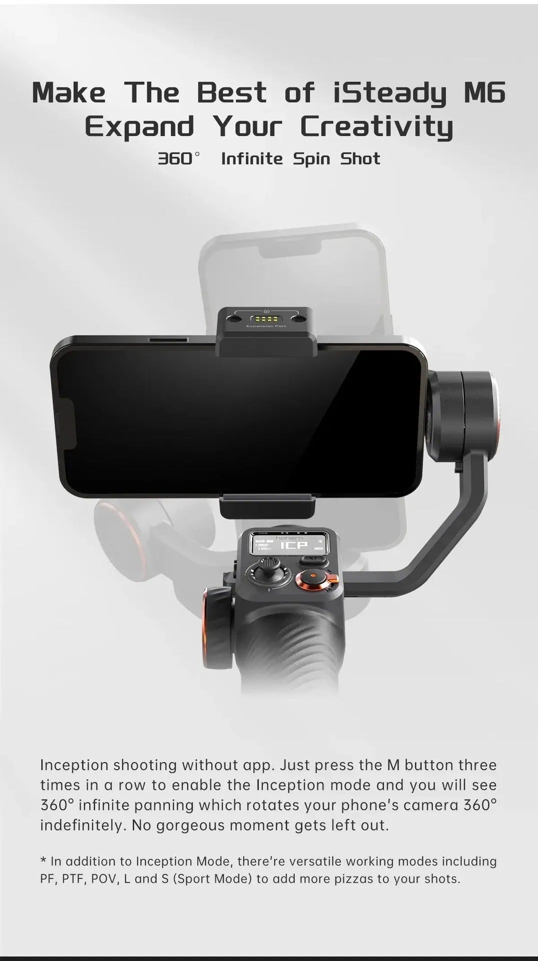 Black AI face fill light three-axis stabiliser with smartphone attached and magnetic fill light