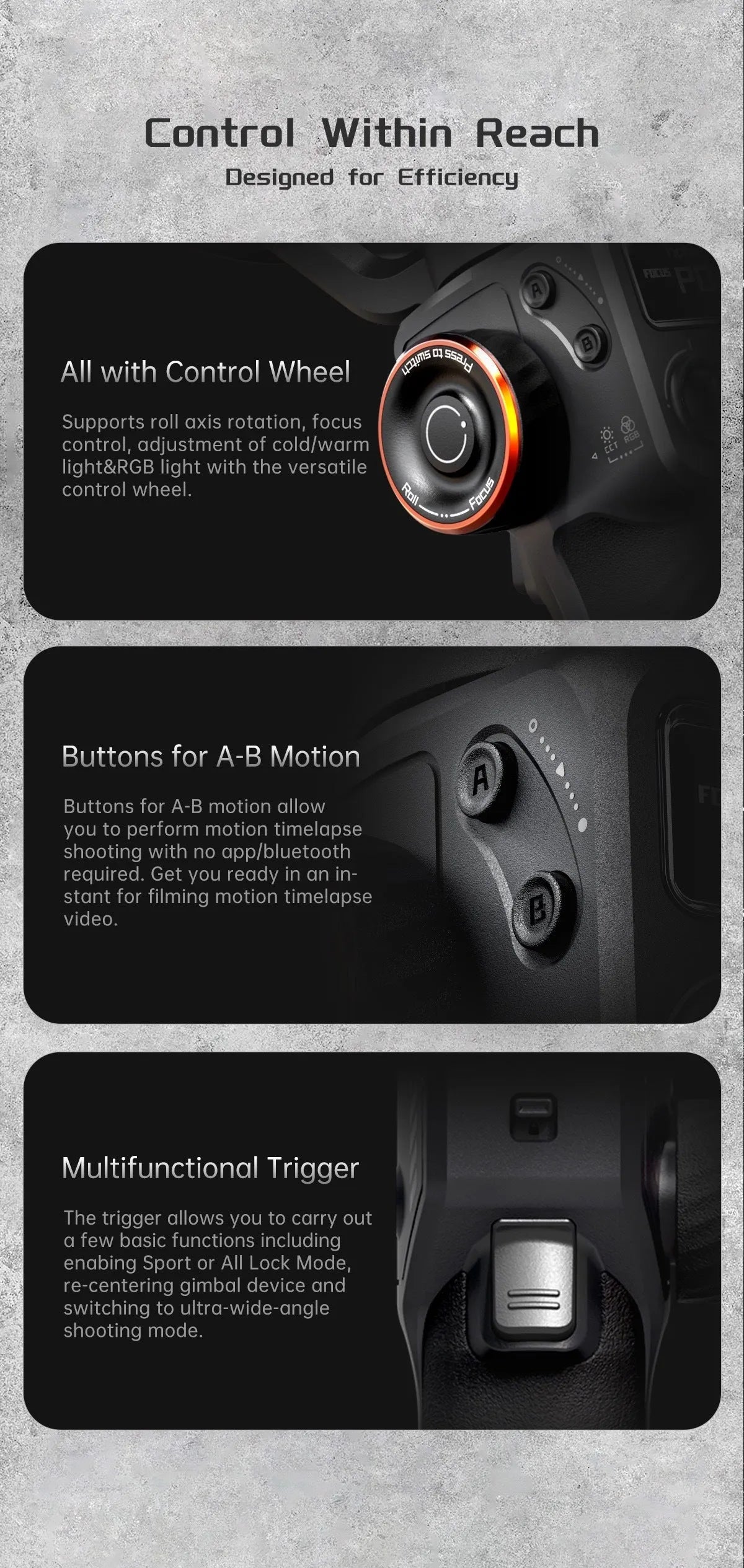 Black AI face fill light three-axis stabiliser with smartphone attached and magnetic fill light