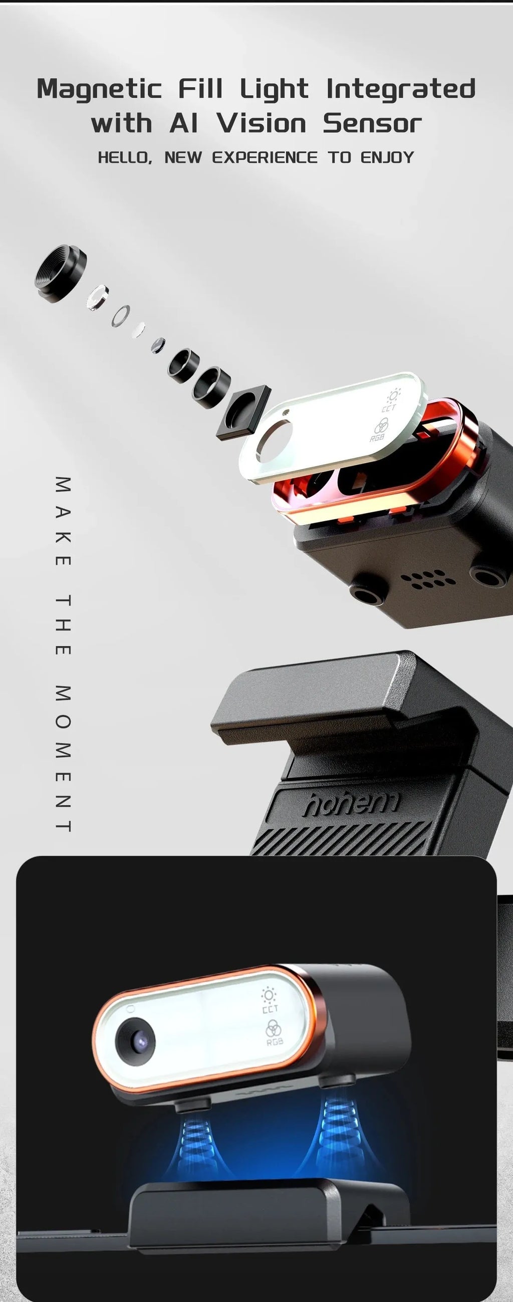Black AI face fill light three-axis stabiliser with smartphone attached and magnetic fill light